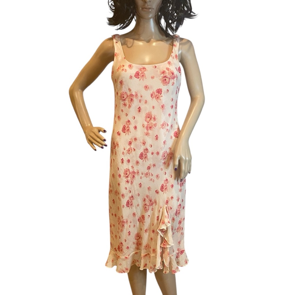 Ann Taylor Sleeveless Ruffled Floral Chic Fully Lined Silk Dress Pink Size 8 VGC